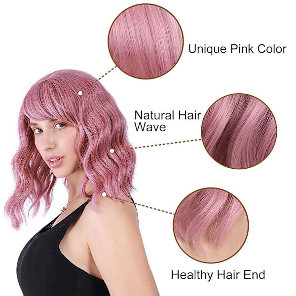 Pastellfärgad vågig peruk med luftlugg för kvinnor, kort bob lila rosa peruk, lockig vågig axellång pastellfärgad bob syntetisk cosplayperuk för flickor, daglig användning, färgglada peruker (12 tum, lila rosa)