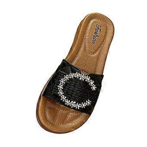 Dame Slippers Slip-on Sandaler Bløde Strand Komfortable Åben Tå Fest Pyntet Anti-Slip Såler Mode Slides Dame Flade Sandaler (Sort Længde 23,5cm) Black Length 23.5cm