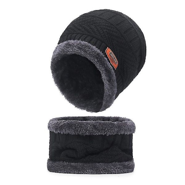 Vinter varm strikket slouch beanie lue ski hals varmer skjerf berøringsskjerm 2 stk sett（Svart）