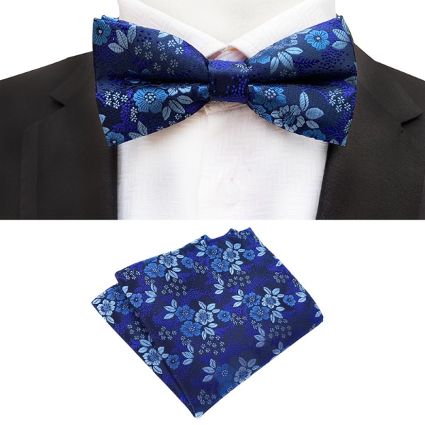Mænd Floral Self Tie Necktie Lommetørklæde Butterfly & Pocket Square blå