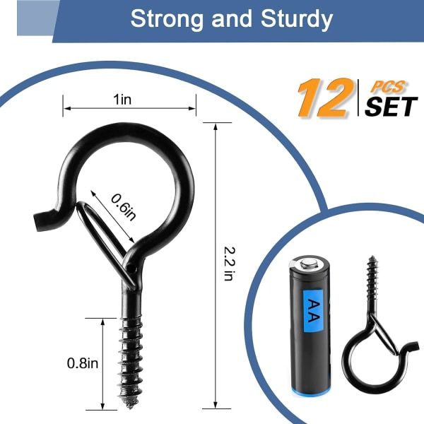 12 stk. lyslenkekroker, Q-krok, med sikkerhetsbeltespenne, vindtett utendørsbelysningskrok, for å henge hagelys, julelys og planter, 2,2 tommer, svart