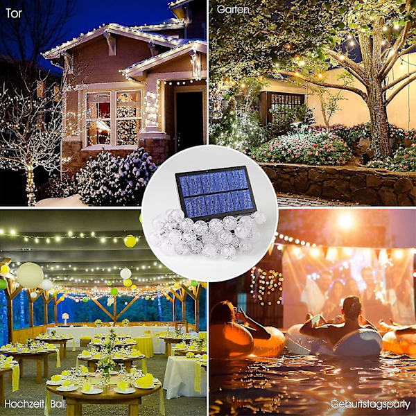 Superlång solcellslampsslinga 7m 50 LED varmvit kristallkula Ip65 vattentät 8 lägen med fjärrkontroll, 14-30 timmar, trädgårdsdekoration, gardin