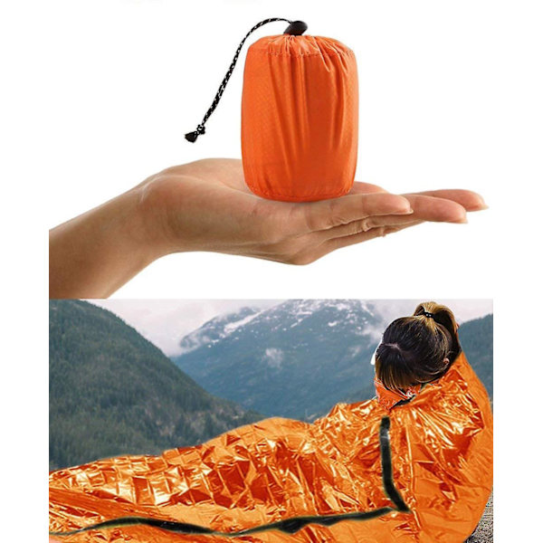 Överlevnads sovsäck, nödbivacksäck nödräddningsfilt återanvändbar för utomhuscamping, vandring (orange)