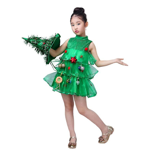 Tyttöjen joulukuusiasu, lasten cosplay-asu, mekko hatulla, syntymäpäivänäytös (110 cm)