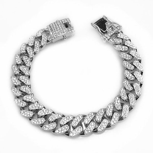 Halsbandsklocka och armbandskedja Miami Curb Imitation Diamond Embedded Smycken Cz För Män