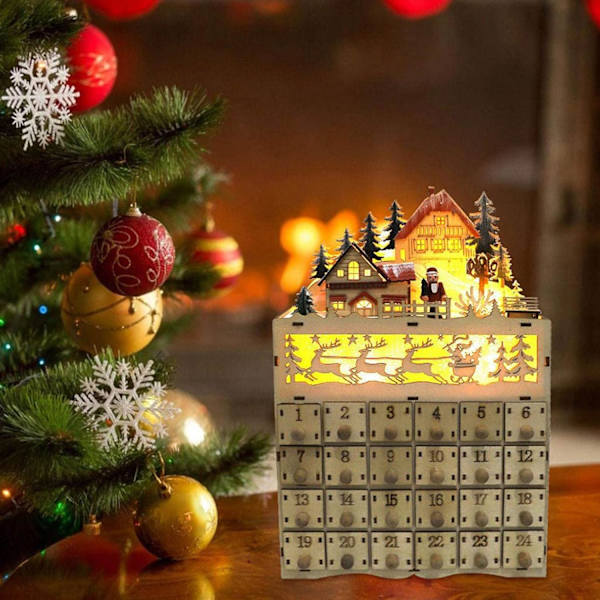 Julekalender i træ med 24 skuffer