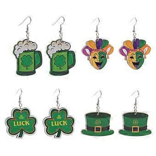 4 Par Patricks Day Örhängen Lyckliga Klöver Karneval Hängande Örhängen Ölhatt Regnbåge Dinglande Örhängen Hänge för Kvinnor C
