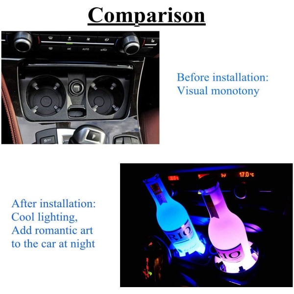 LED-koppholderlys for bil, 7 farger skiftende USB-ladematte vanntett koppmatte, LED-interiør atmosfærelampe dekorasjonslys bilaccessoarer (2 stk)