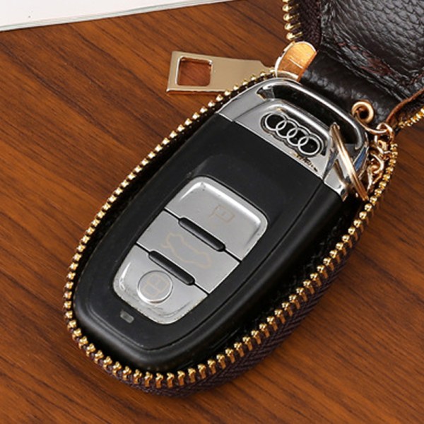 Nyckelväska i svart läder, multifunktionell förvaringsväska för nyckelring