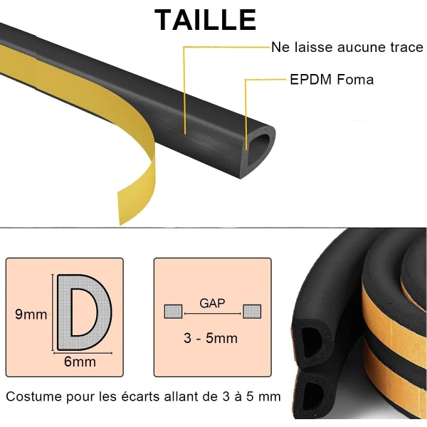 D-profiilin tiivistenauha, ovi- ja ikkunatiiviste, jossa on vahva tarttuvuus, melueristys ja säänkestävyys, 6 metriä (musta)