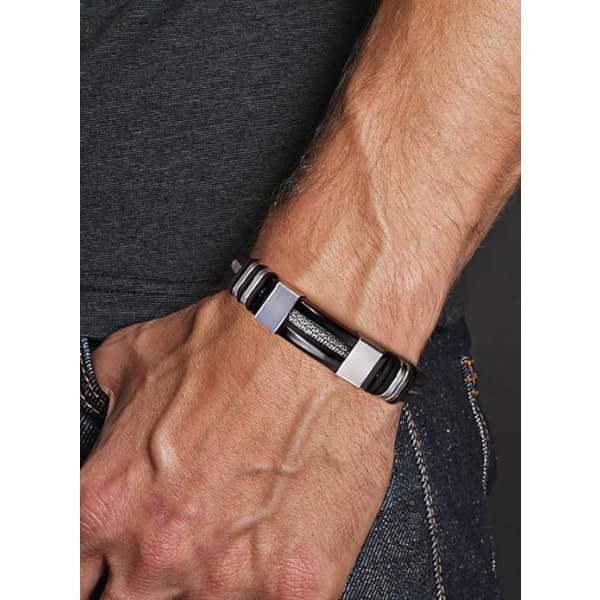 Men's Adjustable Bracelet Silicone Wrap Bracelet Black Stainless