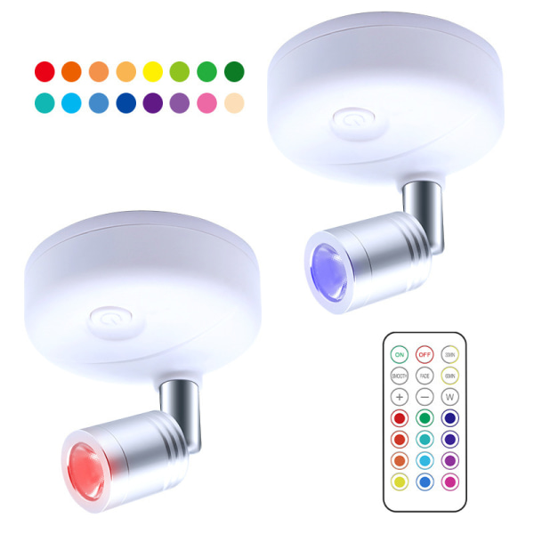 2 delar RGB trådlös LED-spotlight med fjärrkontroll, 13 färger Spotlig