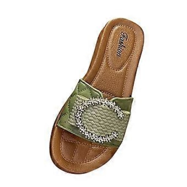 Damtofflor Slip-on Sandaler Mjuka Strand Bekväma Öppen Tå Fest Fina Halkfria Sulor Mode Slides Dam Platt Sandaler (Grön Längd 25cm) Green Length 25cm