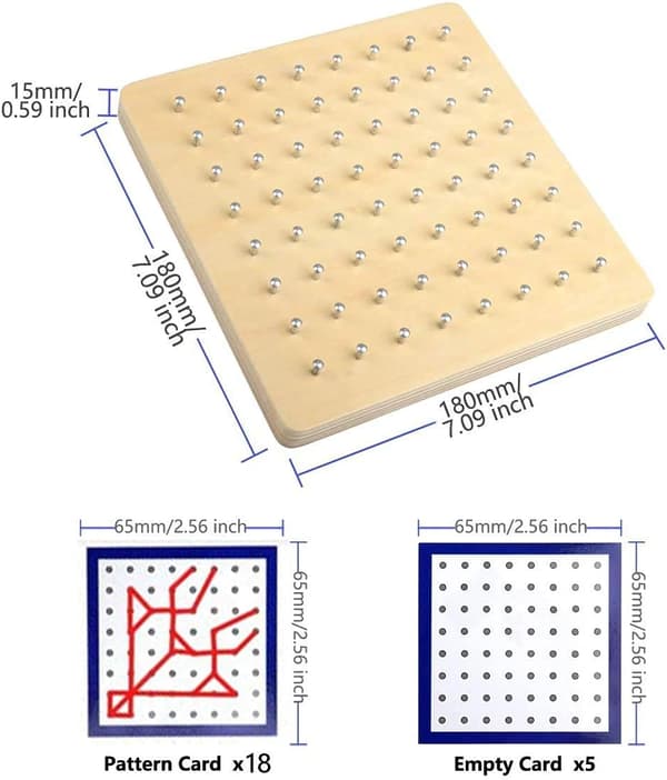 Træ Geoboard med Aktivitetsmønsterkort og Elastik - 8x8
