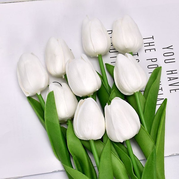 10 kpl Valkoisia Tekokukkia Tekosilkki Tulppaaneja 13.5\" Valkoinen