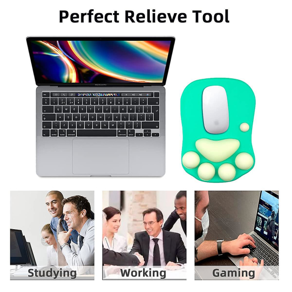 Musematte med kattepote og håndleddstøtte i silikagel, bærbar ergonomisk sklisikker spillmusematte, komfortabel musematte, grønn
