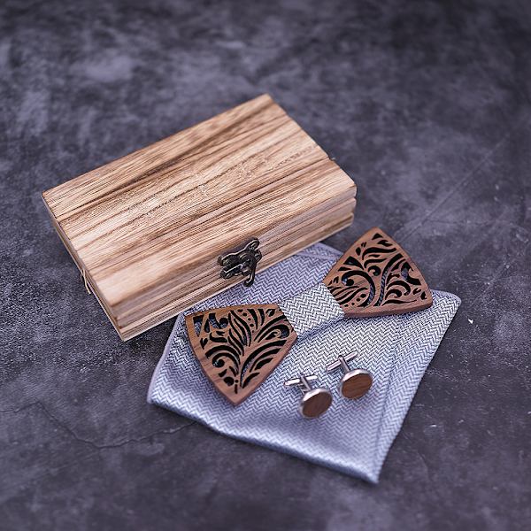 Håndlavet træ butterfly - Justerbar størrelse - Klassisk stil - Trææske (inklusive manchetknapper, lommetørklæde og butterfly) til bryllup, forretning og aften