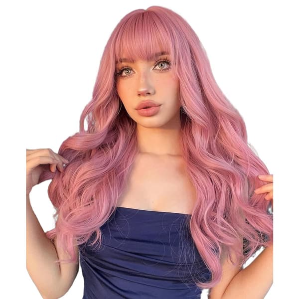 Sakura rosa lång lockig peruk med lugg, cosplay peruk