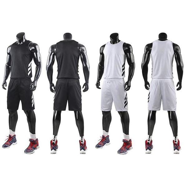 Dubbelklädd baskettröja kostym herr pojkar träningströja kostym svart vit（XXL）