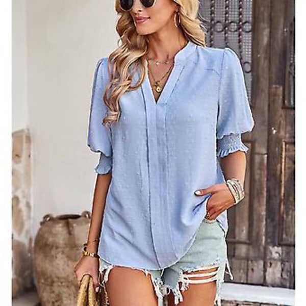 Dame Halv Erme V-hals Topp Elegant Moderne Ensfarget Puff Erme Elastisk Rynket Mansjett Skjorte Bluse (MBlå) Blue M