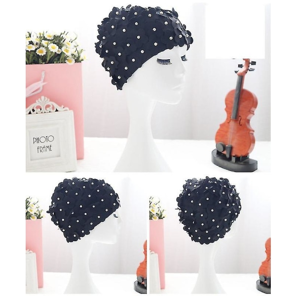 Fashy Dame Petal Svømmehue, Badehætte, 3D Flower Petal Badehætter Svømmehue Hat (Sort)