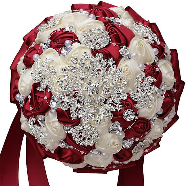 Håndlavet broche brudebuket brude satin roser blomster rhinsten perler buketter bryllupsbuket kunstig buket rose buket dekoration