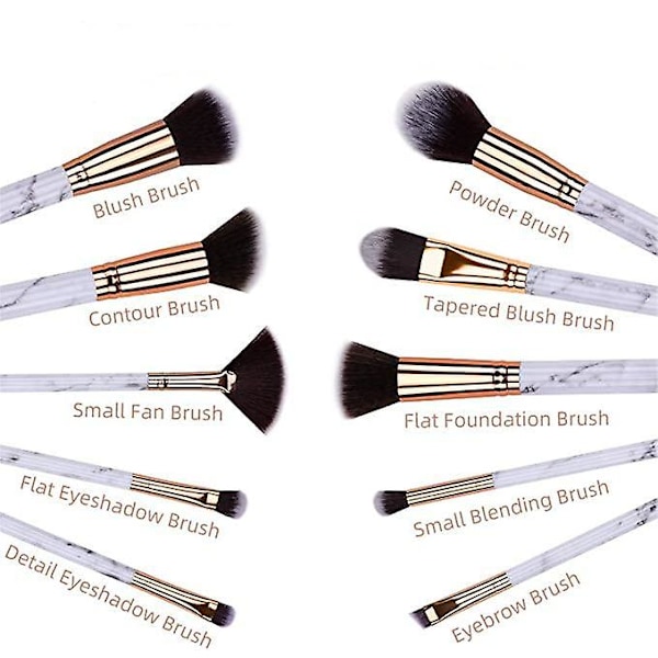 Makeup-børstesæt i marmor - bærbare kosmetiske børster til kontur, skygge, highlighter, foundation osv. 10 stk.