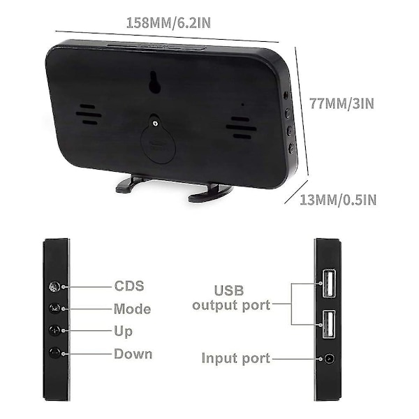 Digital väckarklocka, stor LED-display med dubbla USB-laddningsportar (blått ljus)