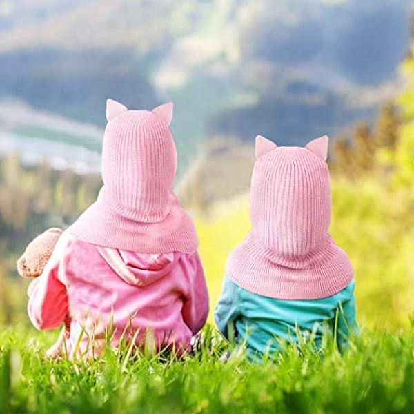 Varma vintermössor och halsdukar för barn, varm stickad mössa och cirkelhalsduk med fleecefoder för flickor, 1-5 år rosa