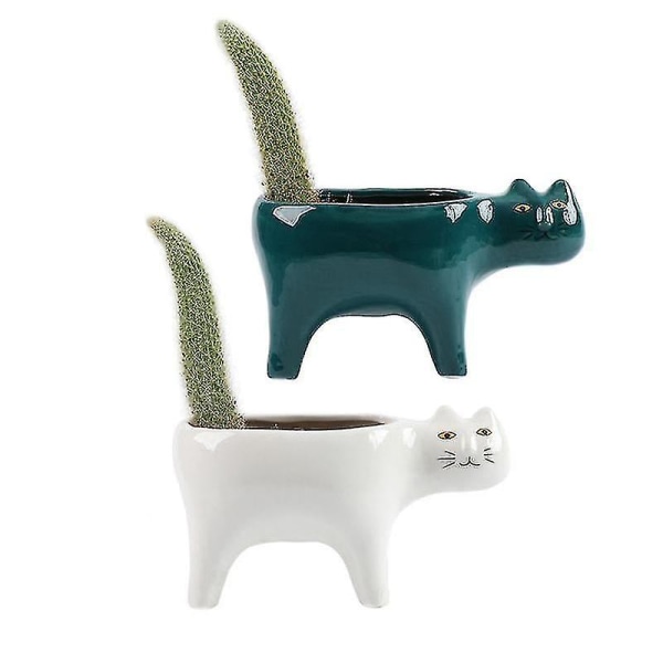 2 stk Blomsterpotter Søte Katt Sukkulent Planter Plantebeholdere Hvit + Grønn