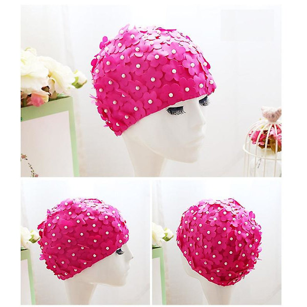 Fashy Dam badmössa med kronblad, badmössa, 3d blomblad badmössor badmössa mössa（Rose Red）