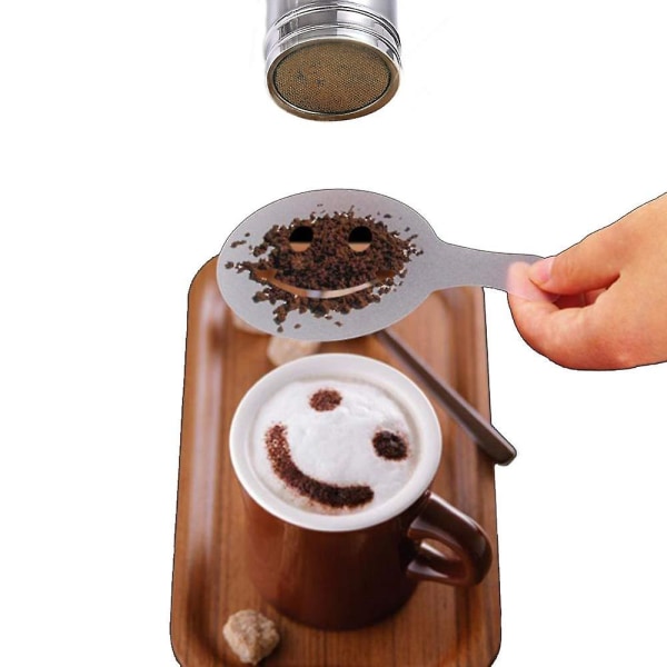 Ruoksiton teräksinen suklaanravistin + 16 cappuccino-kahvin barista-kahvistencilit + mittalusikka + taidekynä
