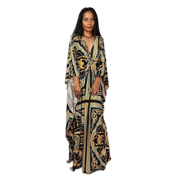 Kvinnors tryckta maxiklänning fladdermusärm strandklänning plus size solklänning strandkläder kaftan cover-ups Dn0533