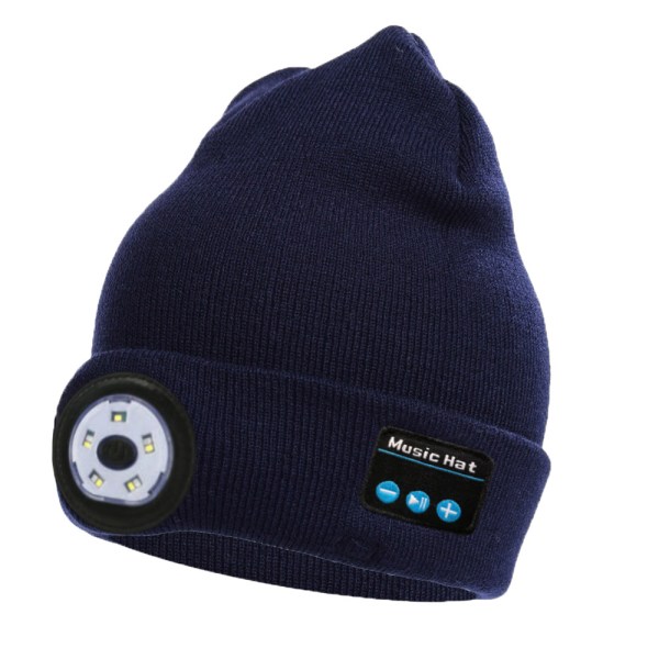 Bluetooth-stickad mössa, utomhusljusmössa, LED-ljus, musik, djupblå