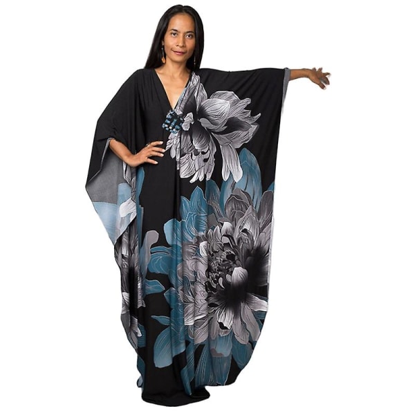 Kvinnors tryckta maxiklänning fladdermusärm strandklänning plus size solklänning strandkläder kaftan överdrag Dn0516