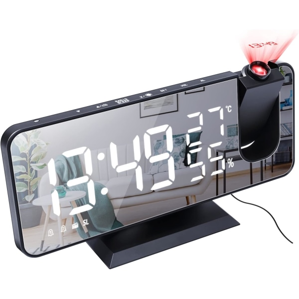 (Svart) Projektionsväckarklocka med termometer och hygrometer, LED digital klocka
