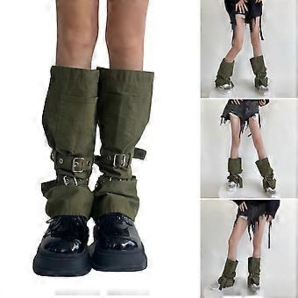 Harajuku Utsvängda Benvärmare för Kvinnor Estetisk Punk Baggy Lösa Benvärmare Spänne Rem Ficka Fotskydd Vadstrumpor Green strap model