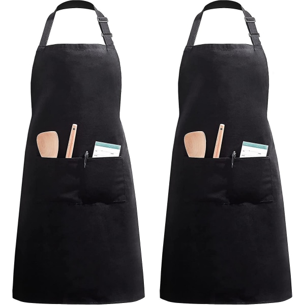 2 stk justerbart forkle med 2 lommer, forkle til matlaging, kjøkkenforkle, restaurantforkle, kaféforkle (svart polyester)