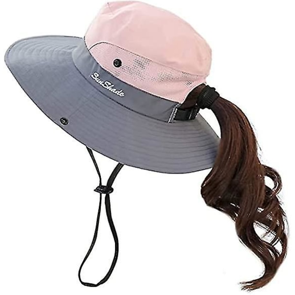 Kvindernes Udendørs Uv-beskyttelse-foldbare Solhatte, Mesh Bredskygget Strand Fiskeri Hat Med Hestehale-hul（A）