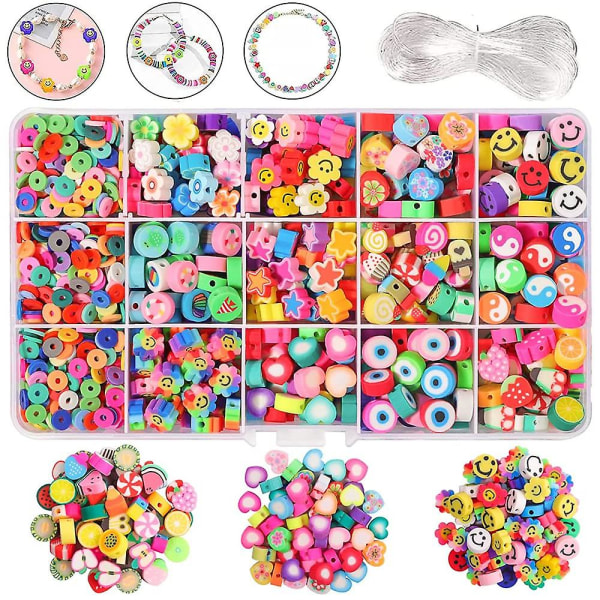 990 delar Smiley Polymerlerpärlor Fruktpärlor Färgglada trädpärlor Gör-det-själv-armband Kedja Spacer Beads Kit Set för armband Hårband