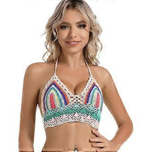 Hæklet halterneck badedragtstop til kvinder, justerbar snor, dyb V-hals polstret hæklet croptop, justerbar rygbind, farverig ris M (Farverig ris M) Colorful rice M