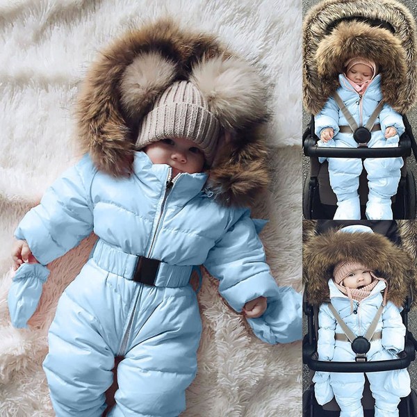 Unisex Baby Hætte Jumpsuit Til 0-24 Måneder Drenge Piger Jumpsuit Romper Med Pels Krave（90cm Lyseblå）