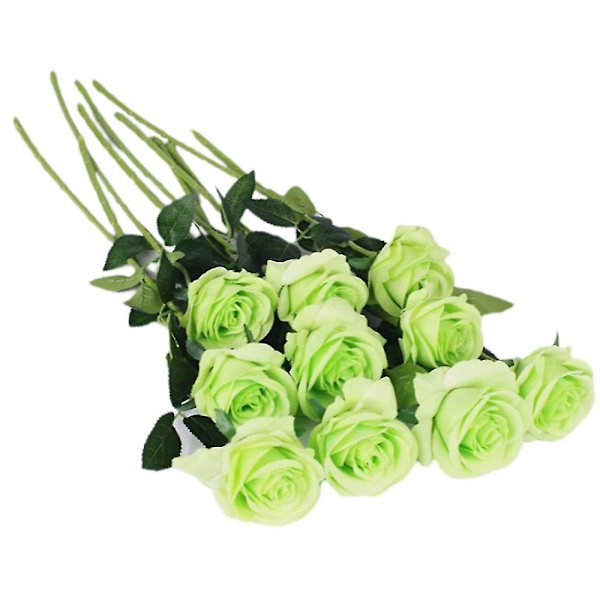 10 stk. kunstige roser silkeblomster falske blomstrende rose brudebuketter til bryllup (grøn)