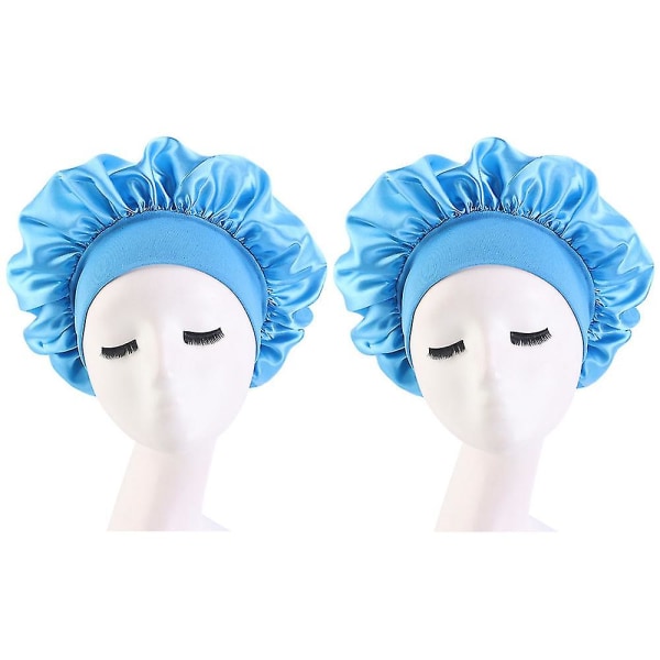 2 Pack Women Satin Solid Sleeping Hat Night Sleep Cap Hair Care Bonnet Nightcap（Light Blue）