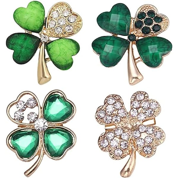 4 stk. Firkløver Brosche Pin Grøn Rhinestone Brosche Legering Cr