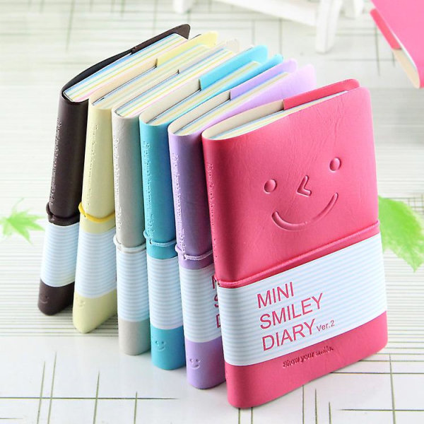 Portable Mini Smiley Diary Notebook With Leather Shell,1.5*7.3*125cm Small Notebook Pack, Set Of 2