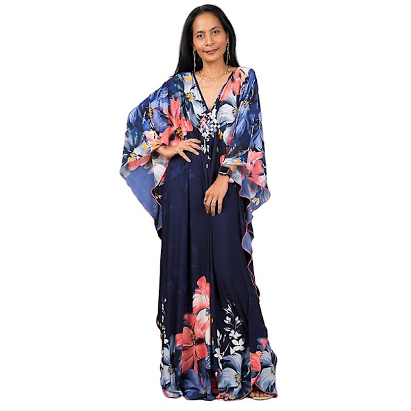 Kvinnors tryckta maxiklänning fladdermusärm strandklänning plus size solklänning strandkläder kaftan överdrag Dn0505