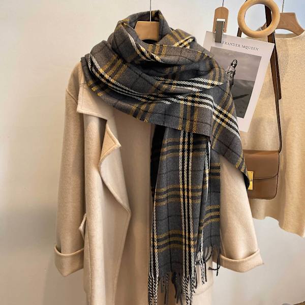 Kvinners lange og brede tartan kasjmirfølelse sjal wrap vinter varm skjerf（svart）