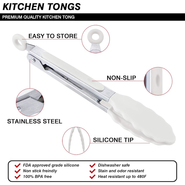 Mini silikon serveringstång set 7\" 7 tum Snövit