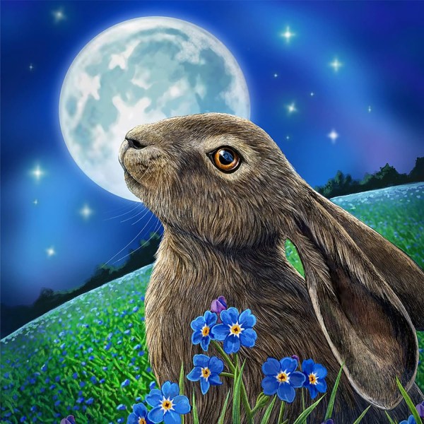 Rabbit and Moon Full Diamond Round Canvas Artwork Easter Crystal